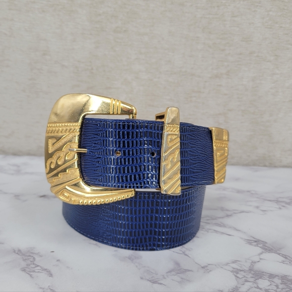 Vintage 80s Faux Lizard Embossed Blue Belt with Oversized Gold Buckle - Picture 1 of 11
